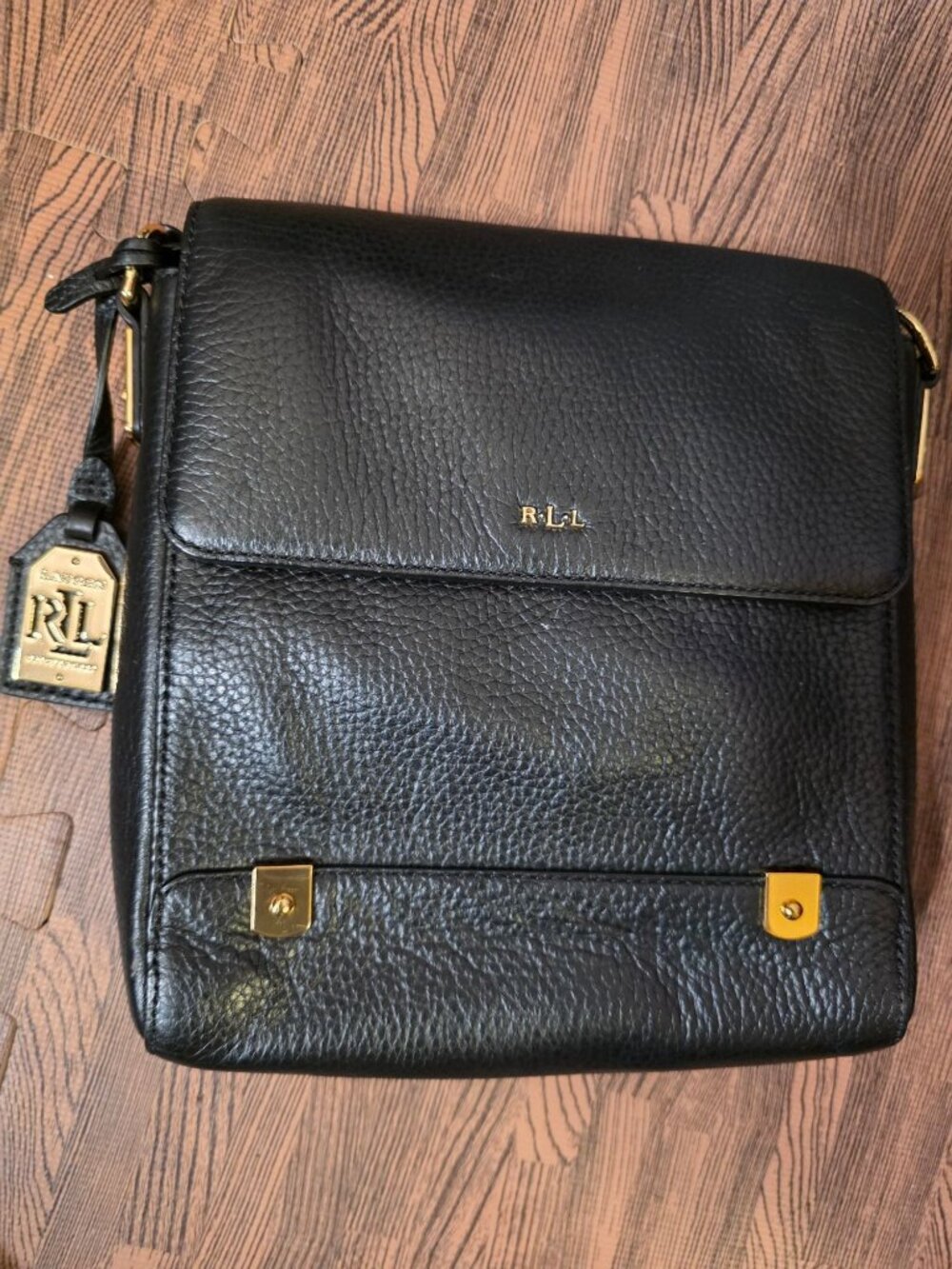 Lauren Ralph Lauren Black Pebbled Leather Crossbody Bag With Gold-Tone Accents